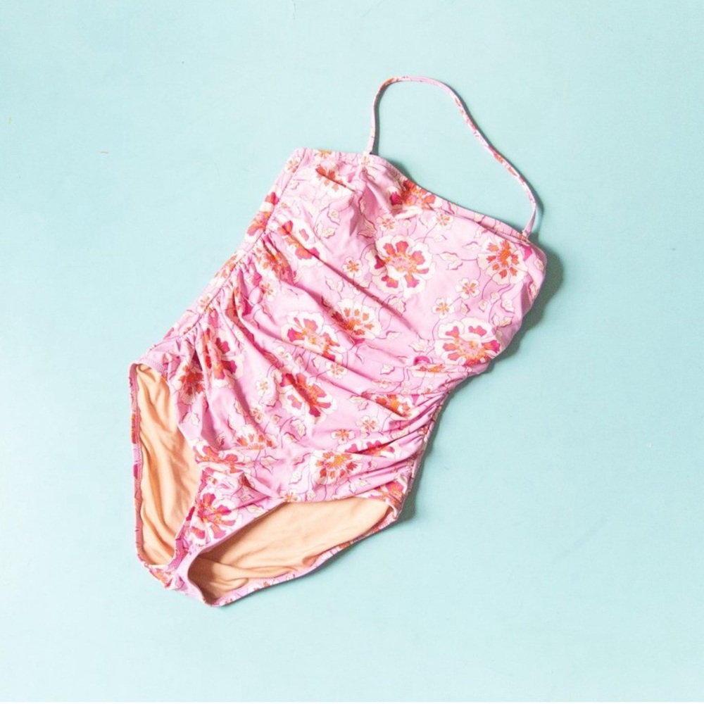 J.Crew Ruched bandeau one-piece in climbing pink floral 2 - Picture 2 of 10